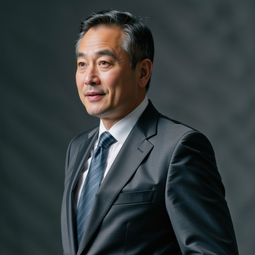 四十岁左右中年男性头像，穿深色西装，蓝色背景，表情严肃专业
