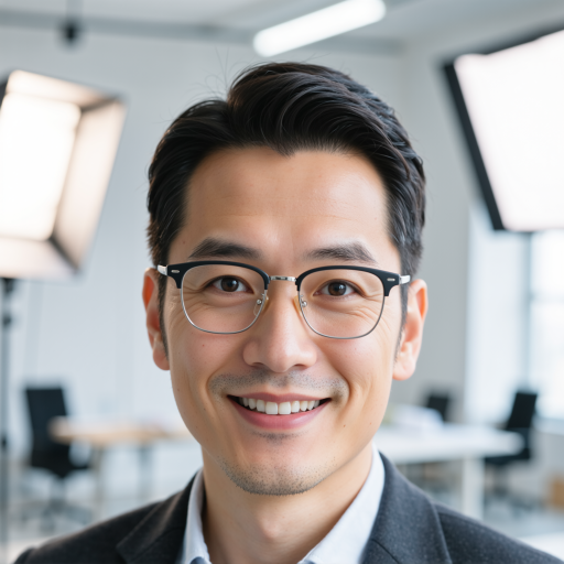 三十二岁左右男性头像，穿休闲衬衫，短发，戴眼镜，背景虚化