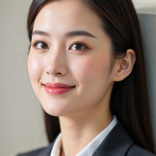 三十岁左右女性头像，穿职业套装，长发披肩，面带微笑，背景柔和
